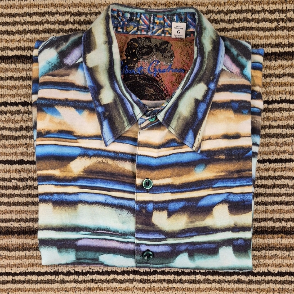 ROBERT GRAHAM Multicolor Horizontal Stirped Abstract Cotton Mens Large Shirt‎